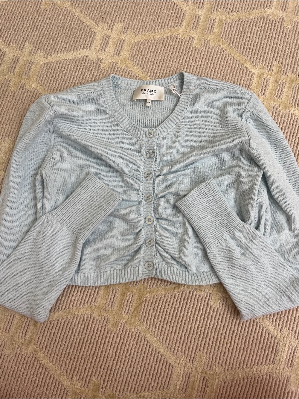 Frame Denim Pale Blue Cropped Ruched Button Cardigan